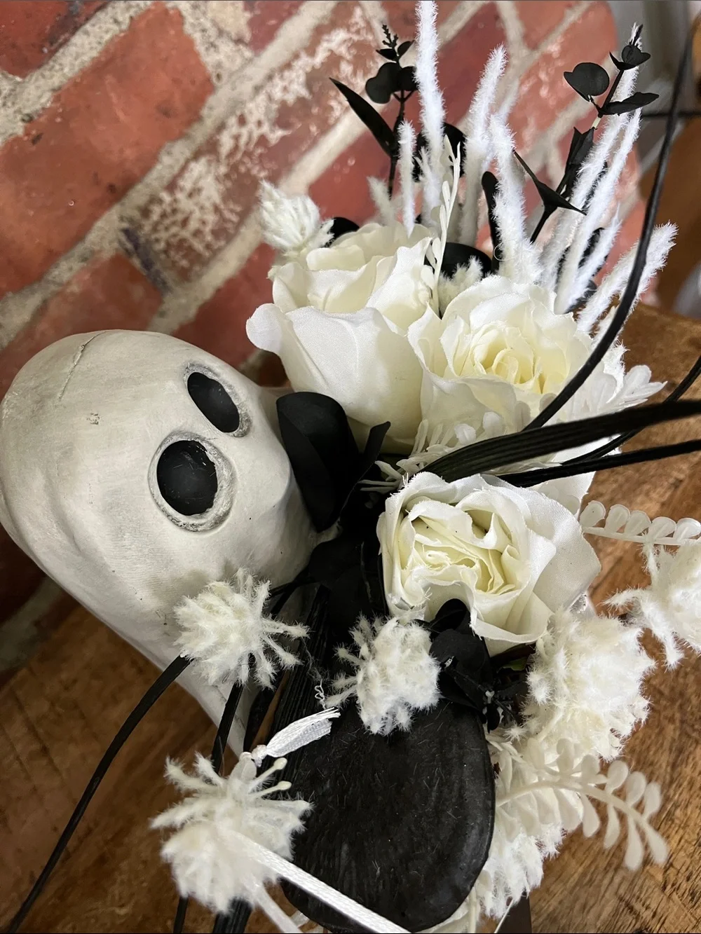 White ghost  Floral Centerpiece with Black Feather Accents